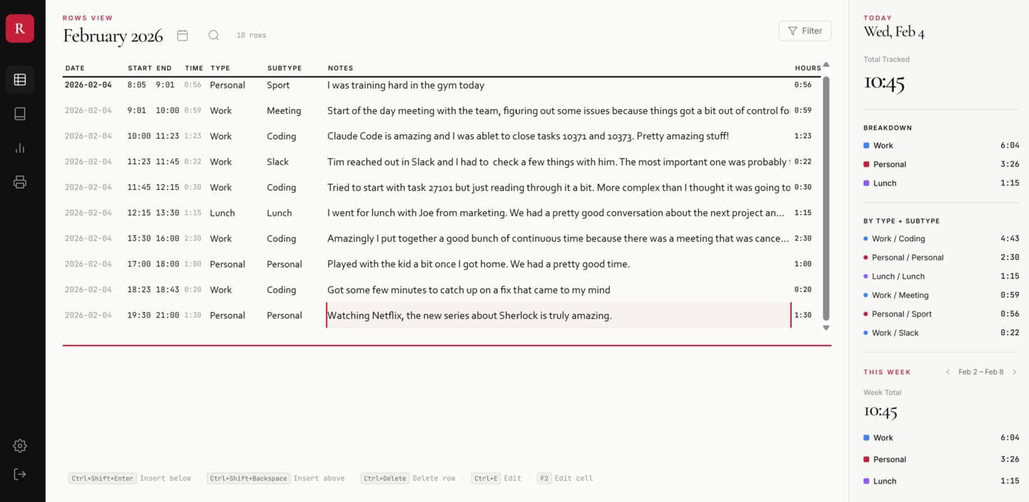 Rows View - spreadsheet-like time tracking interface